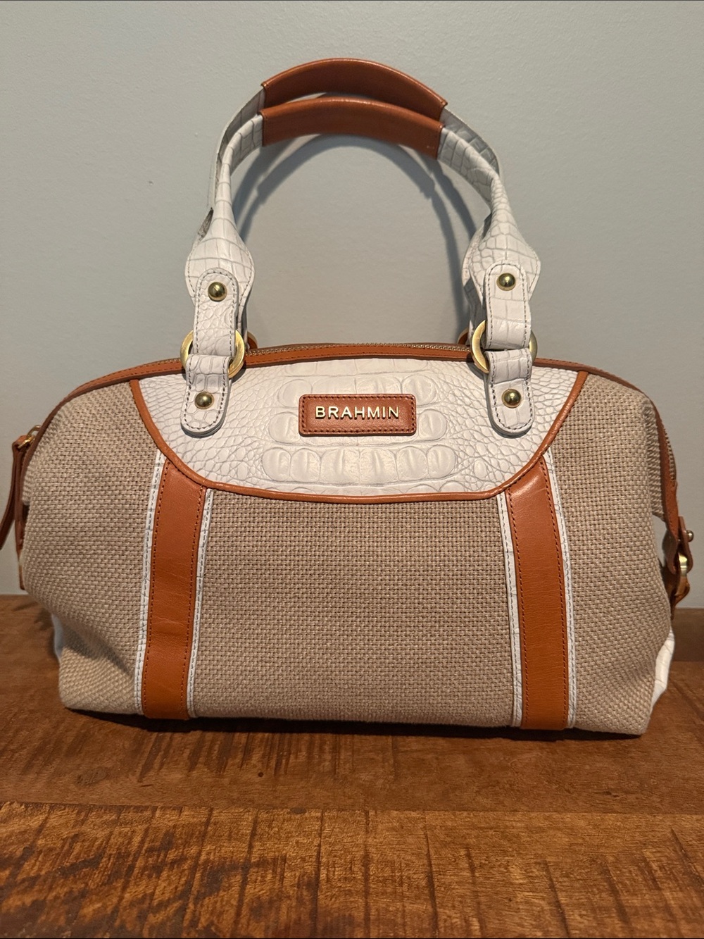 Brahmin Cream, Tan & White Textured Satchel